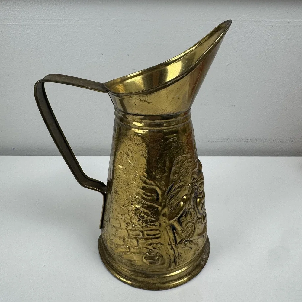 Vintage Brass Water Pitcher Jug Embossed Tavern Scene Made In Holland Decor‎